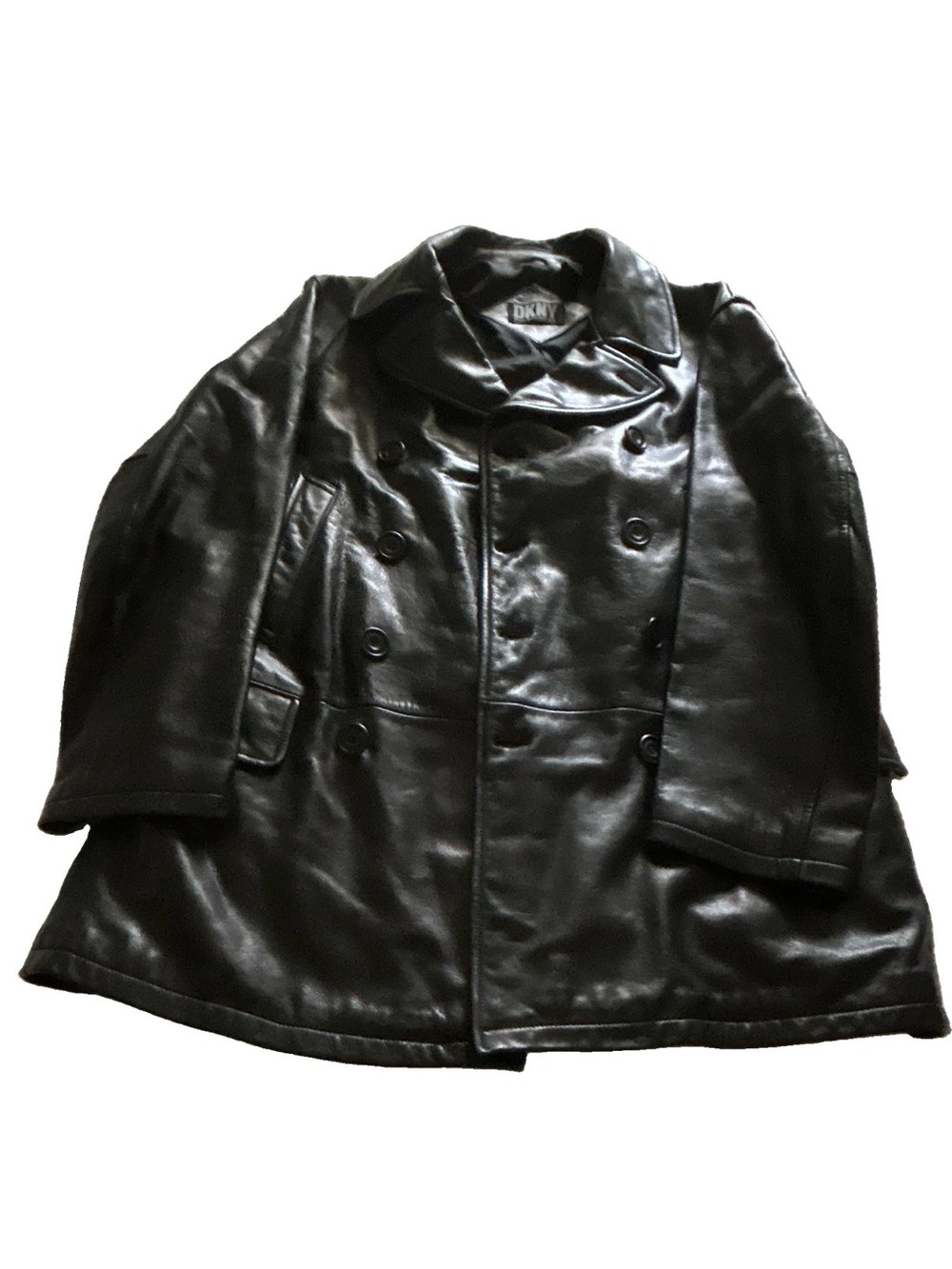 Size Large- Vintage DKNY Black Leather Double-Breasted Peacoat